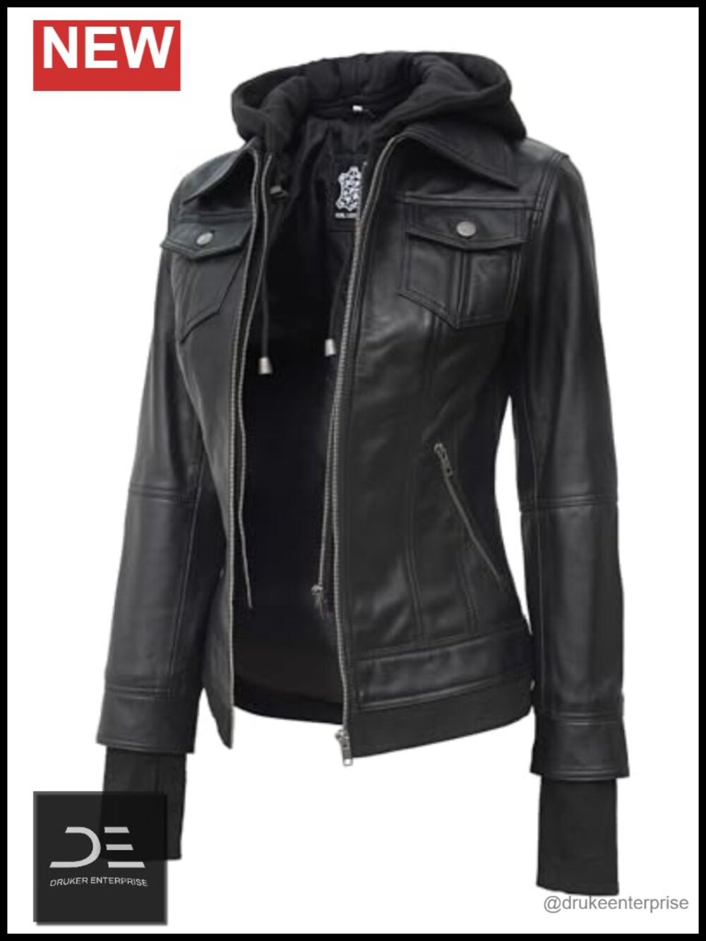 Genuine Lambskin Leather Moto Jacket Hooded Removable Hood Women